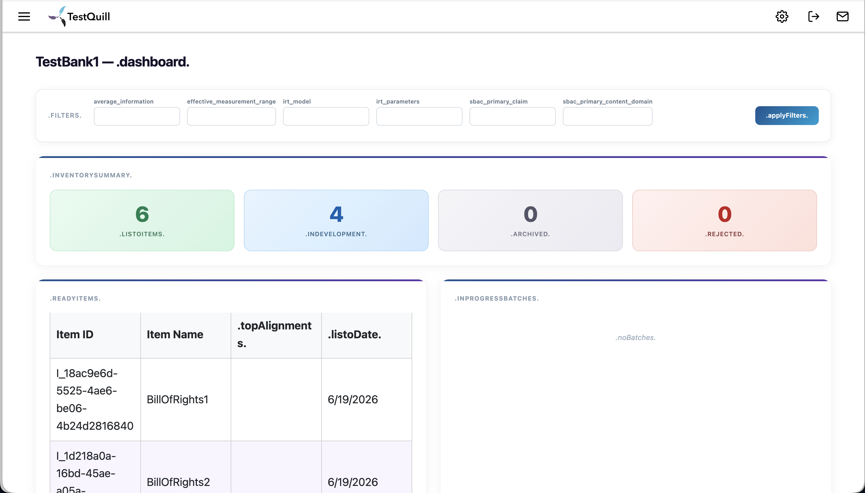 Screenshot of the TestQuill item bank interface showing a list of items with metadata and search filters.