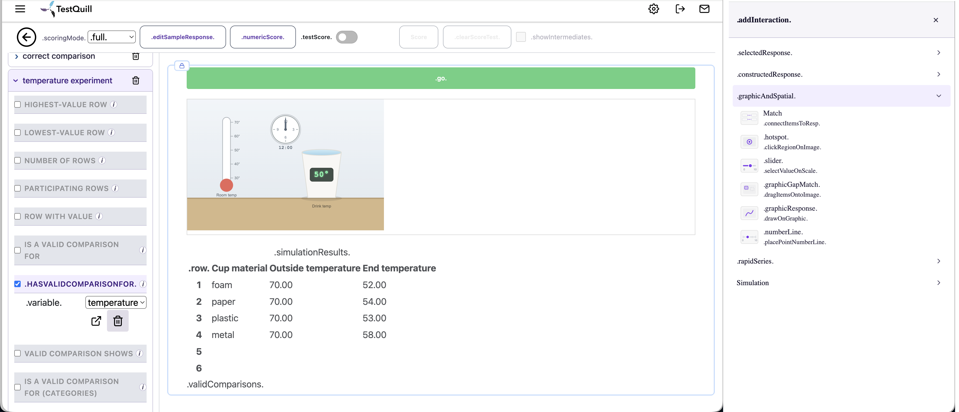 Screenshot of the TestQuill authoring interface showing a multi-section performance task with various item types.